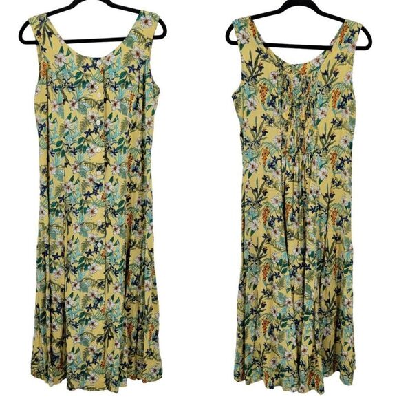 Vintage Koret Dress M Yellow Floral Midi Sleeveless Button Front Smocked India - Picture 1 of 11